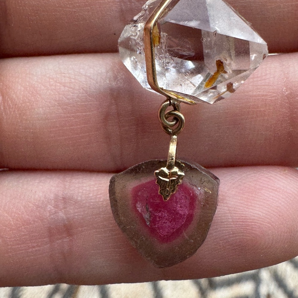 Rare solid 14k gold genuine watermelon tourmaline/herkimer diamond necklace$1890 - Picture 13 of 14